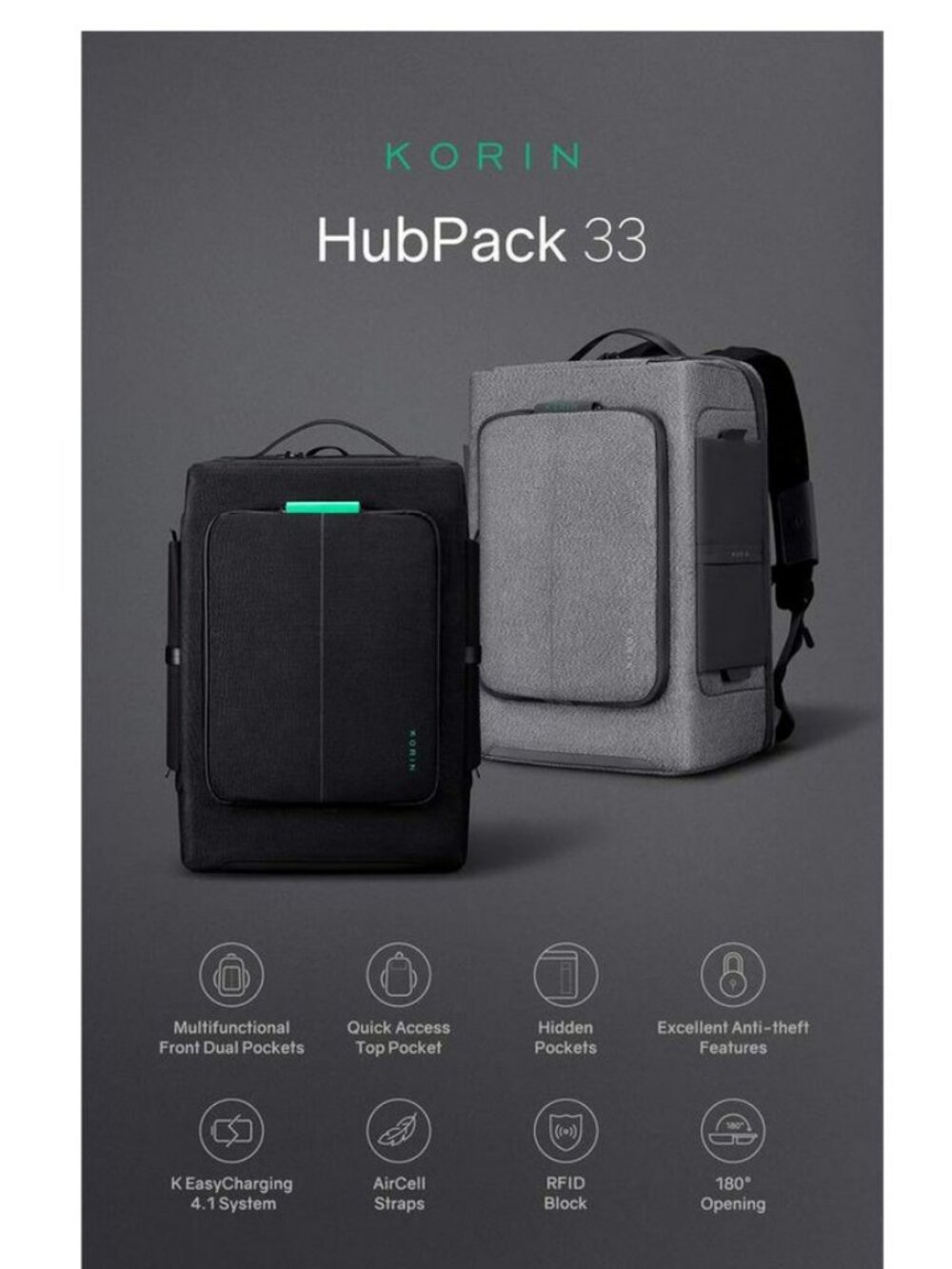 Korin | HubPack 33 | Slash Proof Black Backpack